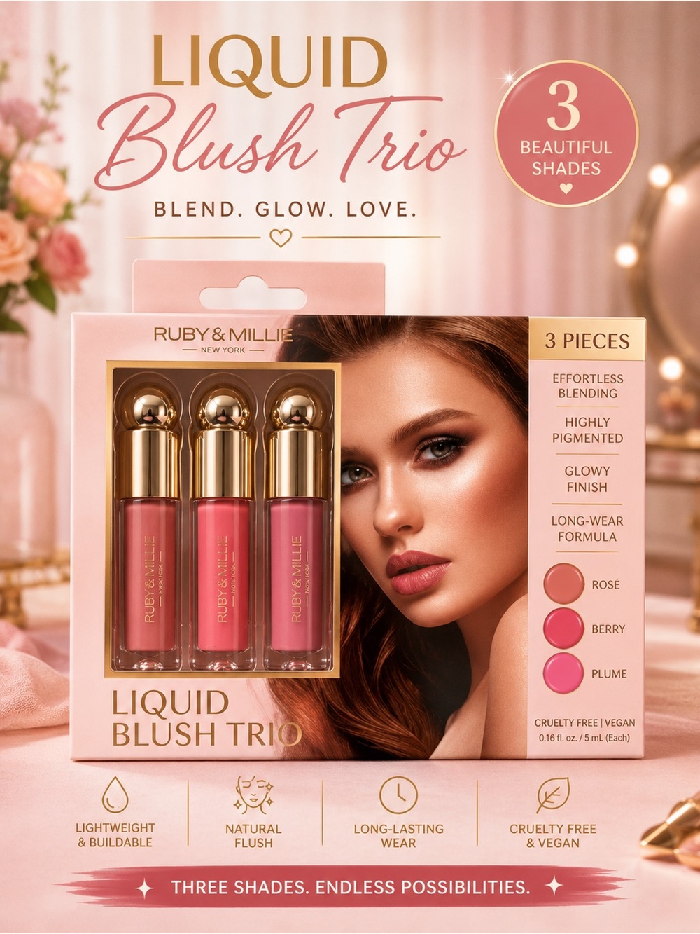 Ruby & Millie Liquid Blush Trio - Rosé, Berry, Plume